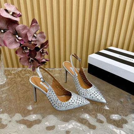 AQUAZZURA 26S SLINGBACK PUMPS 85 MM IN SILVER CALFSKIN WITH CRYSTAL
