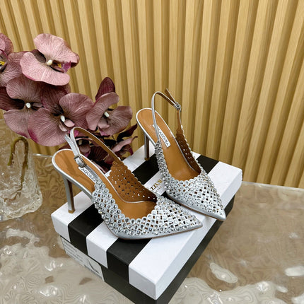 AQUAZZURA 26S SLINGBACK PUMPS 85 MM IN SILVER CALFSKIN WITH CRYSTAL