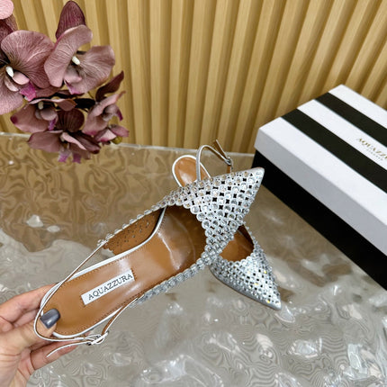 AQUAZZURA 26S SLINGBACK PUMPS 85 MM IN SILVER CALFSKIN WITH CRYSTAL