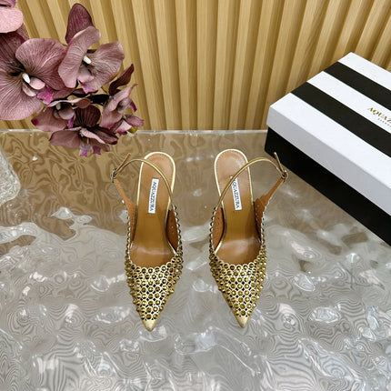 AQUAZZURA 26S SLINGBACK PUMPS 105 MM IN GOLD CALFSKIN WITH CRYSTAL