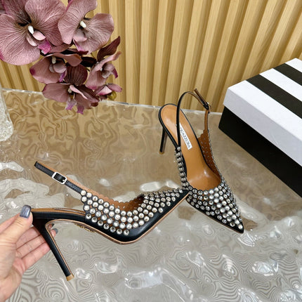 AQUAZZURA 26S SLINGBACK PUMPS 85 MM IN BLACK CALFSKIN WITH CRYSTAL