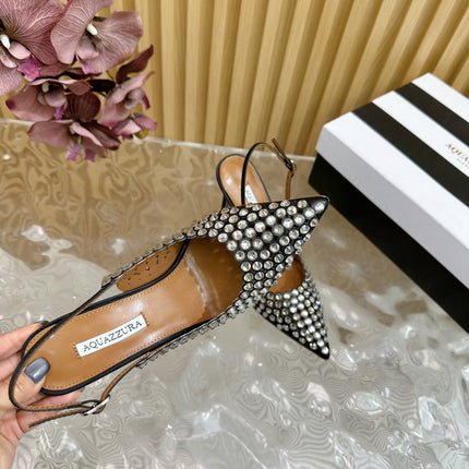 AQUAZZURA 26S SLINGBACK PUMPS 105 MM IN BLACK CALFSKIN WITH CRYSTAL
