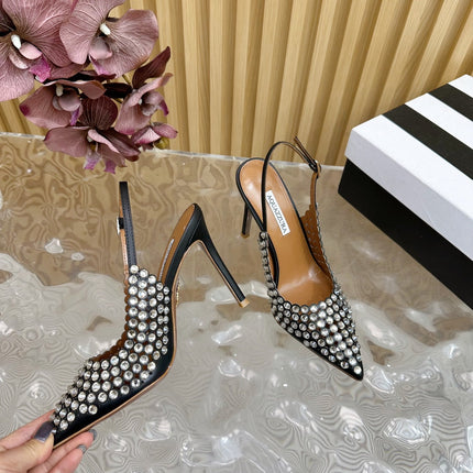 AQUAZZURA 26S SLINGBACK PUMPS 105 MM IN BLACK CALFSKIN WITH CRYSTAL