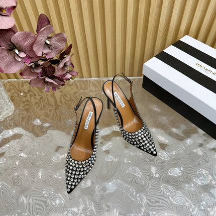 AQUAZZURA 26S SLINGBACK PUMPS 105 MM IN BLACK CALFSKIN WITH CRYSTAL