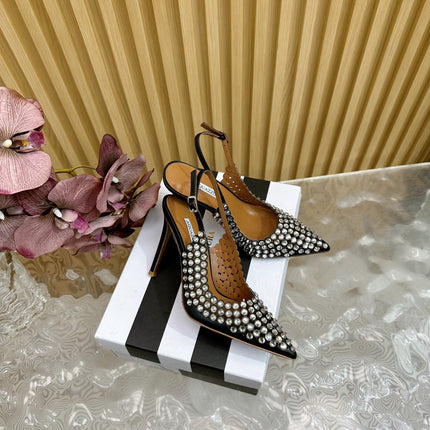 AQUAZZURA 26S SLINGBACK PUMPS 105 MM IN BLACK CALFSKIN WITH CRYSTAL