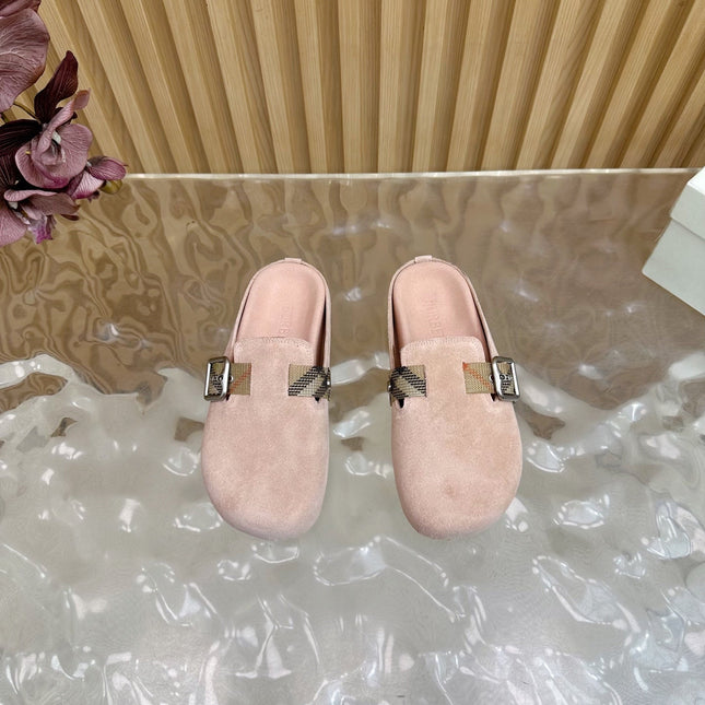 BURBERRY 26S BUCKLE MULES IN LIGHT PINK SUEDE