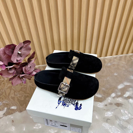 BURBERRY 26S BUCKLE MULES IN BLACK SUEDE