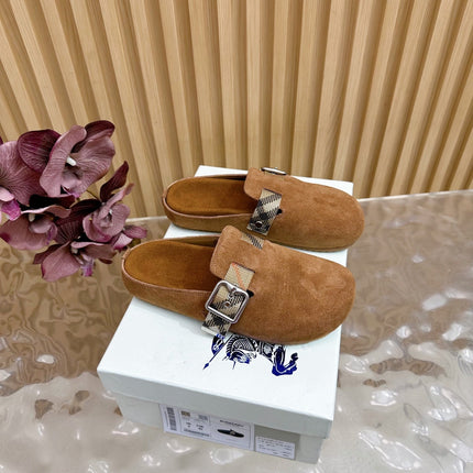 BURBERRY 26S BUCKLE MULES IN BROWN SUEDE