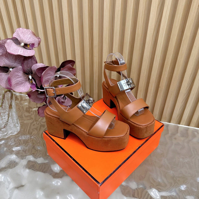 HM 25S CLASSIC WEDGE SANDALS 70 MM IN BROWN LAMBSKIN WITH SILVER HARDWARE