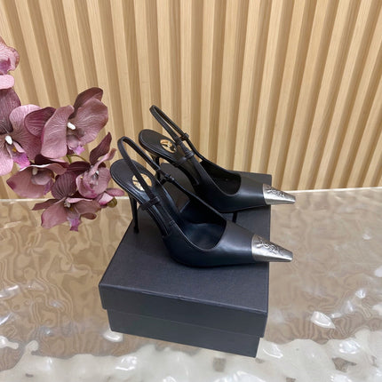 YSL 25S HIGH-HEEL SLINGBACKS 105 MM IN BLACK LAMBSKIN AND SILVER HARDWARE