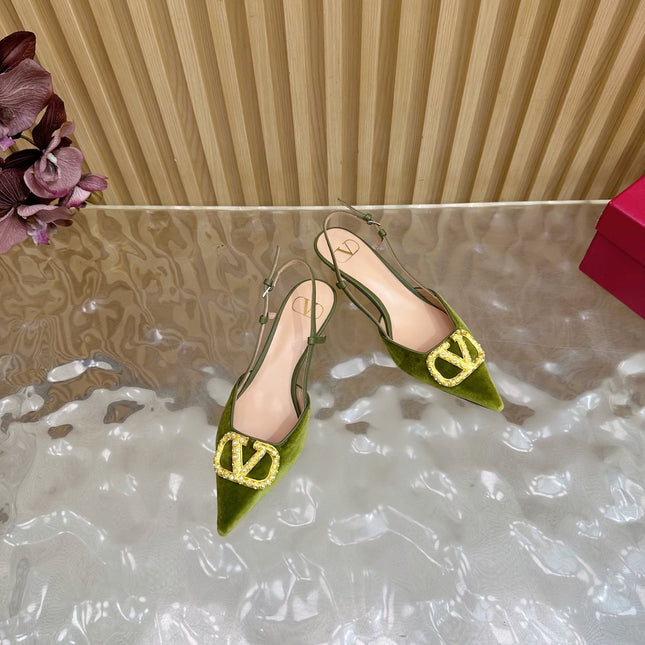 VALENTINO 25S HIGH-HEEL SLINGBACKS IN MOSS GREEN VELVET WITH GOLD HARDWARE