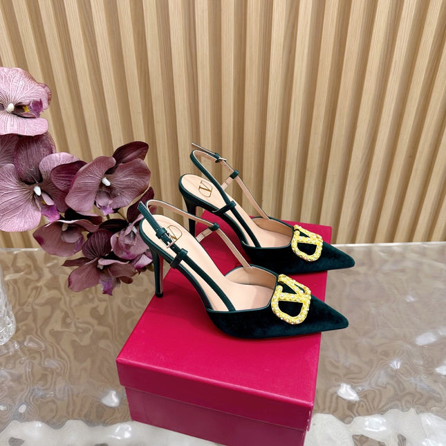 VALENTINO 25S HIGH-HEEL SLINGBACKS IN DARK GREEN VELVET WITH GOLD HARDWARE