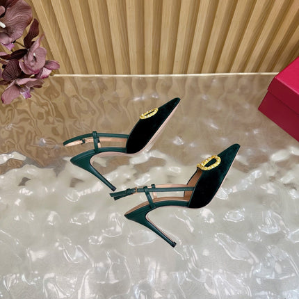 VALENTINO 25S HIGH-HEEL SLINGBACKS IN DARK GREEN VELVET WITH GOLD HARDWARE