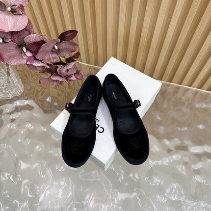 CELINE 26S MARY JANE FLATS IN BLACK VELVET