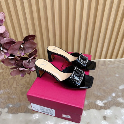 VALENTINO 25S HIGH-HEEL MULES 60 MM IN BLACK PATENT CALFSKIN WITH CRYSTAL-EMBELLISHED STRAP
