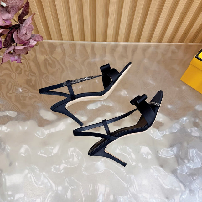FENDI 26S HIGH-HEELED SANDALS 90 MM IN BLACK SATIN