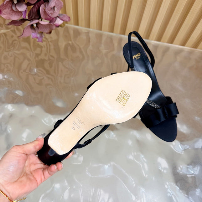 FENDI 26S HIGH-HEELED SANDALS 90 MM IN BLACK SATIN