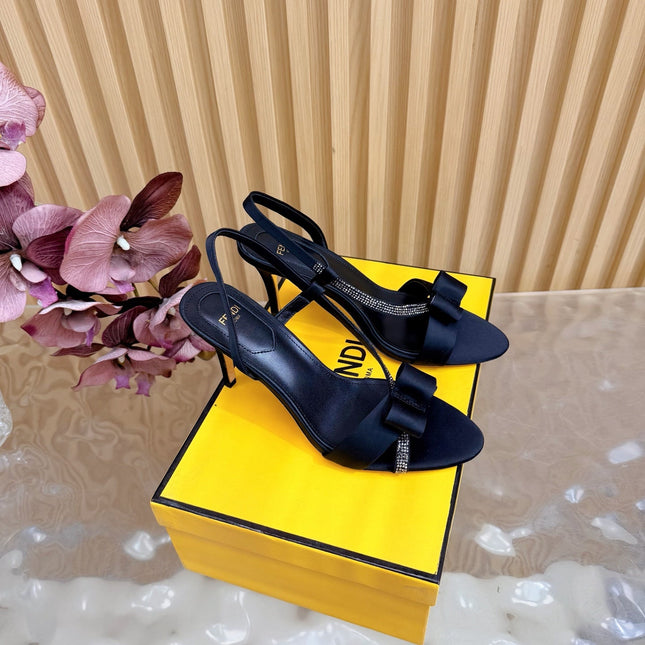 FENDI 26S HIGH-HEELED SANDALS 90 MM IN BLACK SATIN