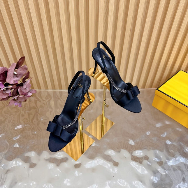 FENDI 26S HIGH-HEELED SANDALS 90 MM IN BLACK SATIN