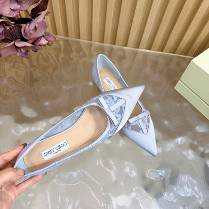JIMMY CHOO 26S FLATS IN PASTEL BLUE LACE AND SATIN