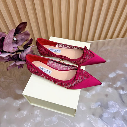 JIMMY CHOO 26S FLATS IN RED LACE AND SATIN