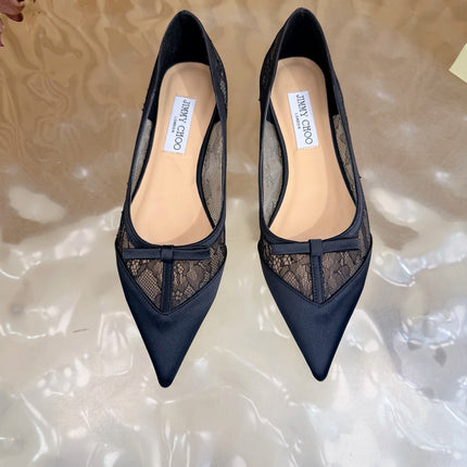 JIMMY CHOO 26S FLATS IN BLACK LACE AND SATIN