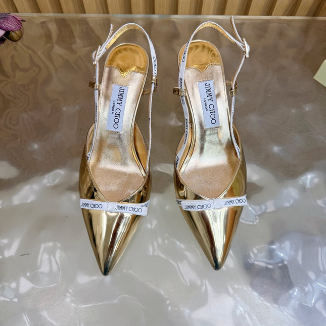 JIMMY CHOO 26S SLINGBACK HEELS 65 MM IN GOLD PATENT CALFSKIN