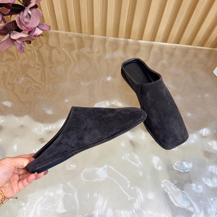 THE ROW 26S SQUARE TOE MULE FLATS IN DARK BROWN SUEDE