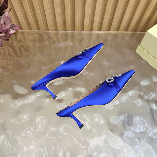 JIMMY CHOO 26S HIGH-HEELED MULES 65 MM IN NAVY BLUE SATIN WITH RHINESTONE BOW
