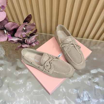 MIU MIU 26S MESH LOAFERS IN CAMEL KNIT FABRIC