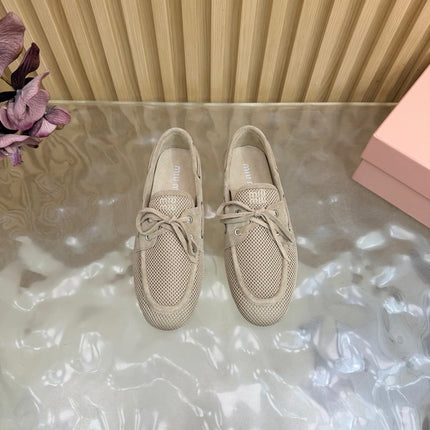 MIU MIU 26S MESH LOAFERS IN CAMEL KNIT FABRIC
