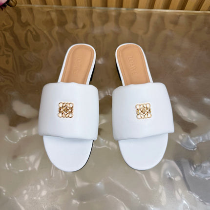 LOEWE 26S SLIDE SANDALS IN WHITE ANAGRAM PADDED LAMBSKIN