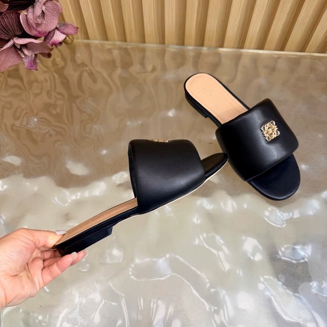 LOEWE 26S SLIDE SANDALS IN BLACK ANAGRAM PADDED LAMBSKIN