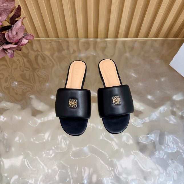 LOEWE 26S SLIDE SANDALS IN BLACK ANAGRAM PADDED LAMBSKIN