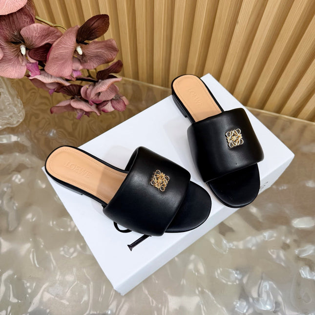 LOEWE 26S SLIDE SANDALS IN BLACK ANAGRAM PADDED LAMBSKIN