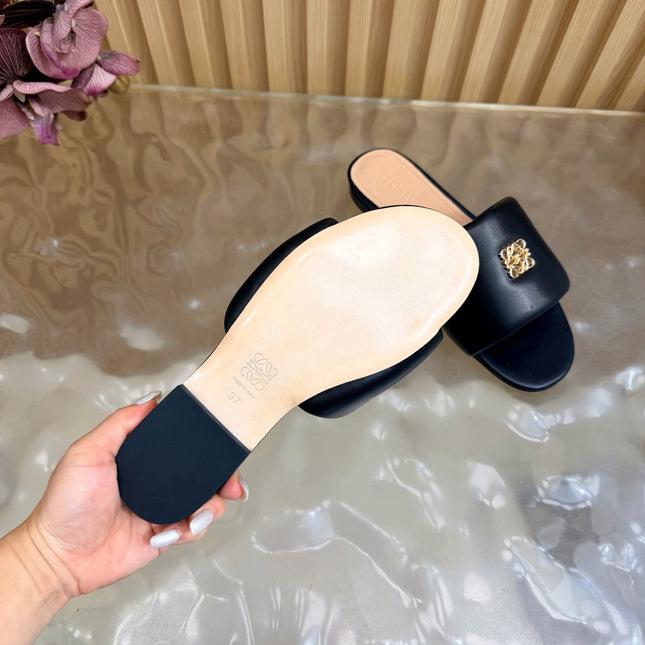 LOEWE 26S SLIDE SANDALS IN BLACK ANAGRAM PADDED LAMBSKIN