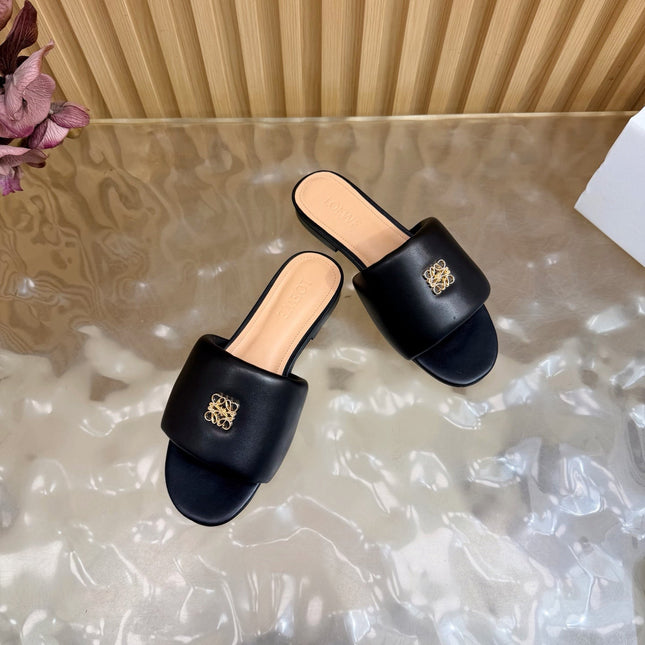 LOEWE 26S SLIDE SANDALS IN BLACK ANAGRAM PADDED LAMBSKIN