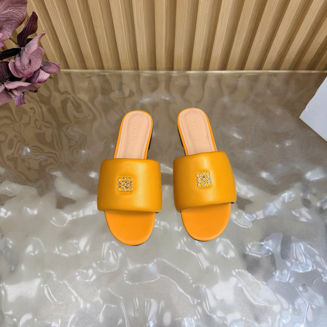 LOEWE 26S SLIDE SANDALS IN MUSTARD YELLOW ANAGRAM PADDED LAMBSKIN