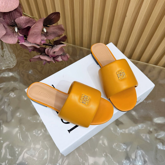 LOEWE 26S SLIDE SANDALS IN MUSTARD YELLOW ANAGRAM PADDED LAMBSKIN