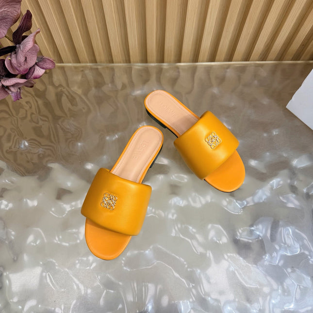 LOEWE 26S SLIDE SANDALS IN MUSTARD YELLOW ANAGRAM PADDED LAMBSKIN