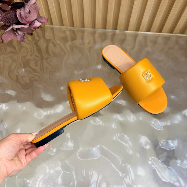 LOEWE 26S SLIDE SANDALS IN MUSTARD YELLOW ANAGRAM PADDED LAMBSKIN