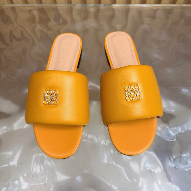 LOEWE 26S SLIDE SANDALS IN MUSTARD YELLOW ANAGRAM PADDED LAMBSKIN