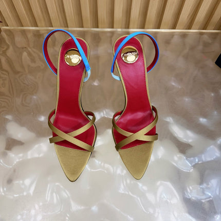 YSL 26S HIGH-HEELED SANDALS 90 MM IN MOSS GREEN SATIN