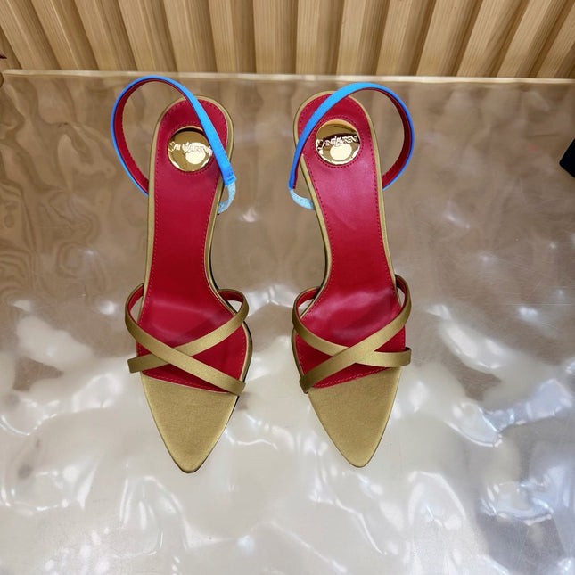YSL 26S HIGH-HEELED SANDALS 90 MM IN MOSS GREEN SATIN