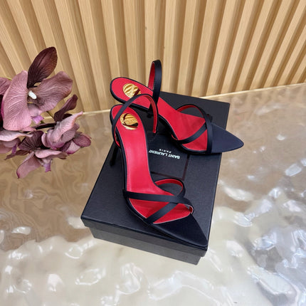 YSL 26S HIGH-HEELED SANDALS 90 MM IN BLACK SATIN