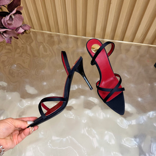 YSL 26S HIGH-HEELED SANDALS 90 MM IN BLACK SATIN