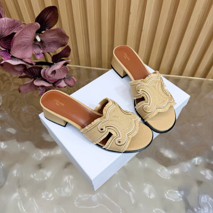 CELINE 26S TRIOMPHE BLOCK HEEL MULES IN DARK BEIGE DENIM
