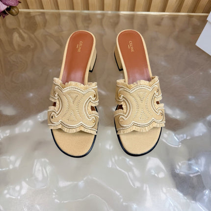 CELINE 26S TRIOMPHE BLOCK HEEL MULES IN DARK BEIGE DENIM