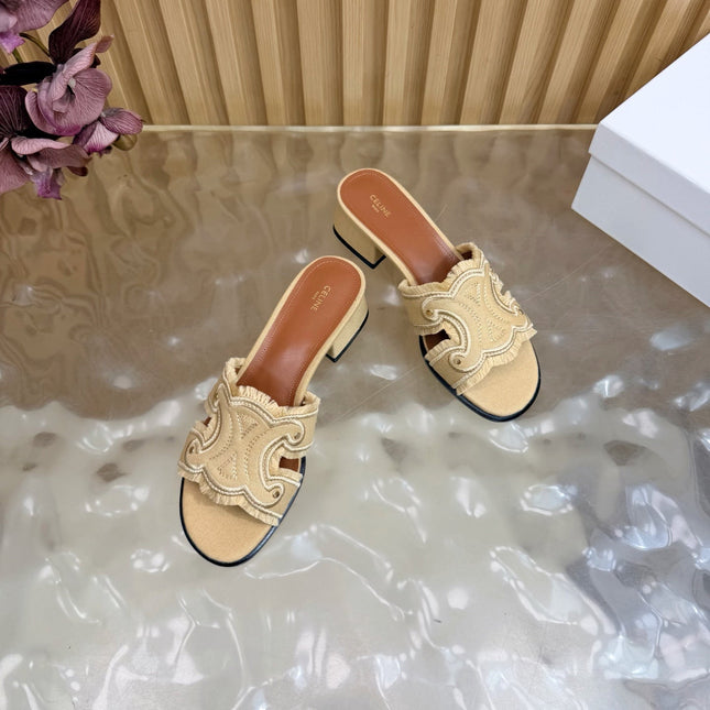 CELINE 26S TRIOMPHE BLOCK HEEL MULES IN DARK BEIGE DENIM