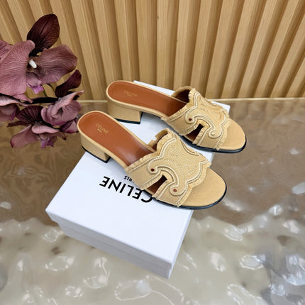 CELINE 26S TRIOMPHE BLOCK HEEL MULES IN DARK BEIGE DENIM
